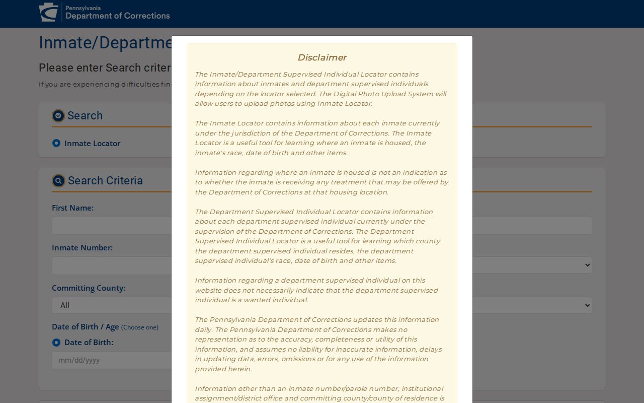 Pennsylvania resident lookup: DOC inmate locator search form