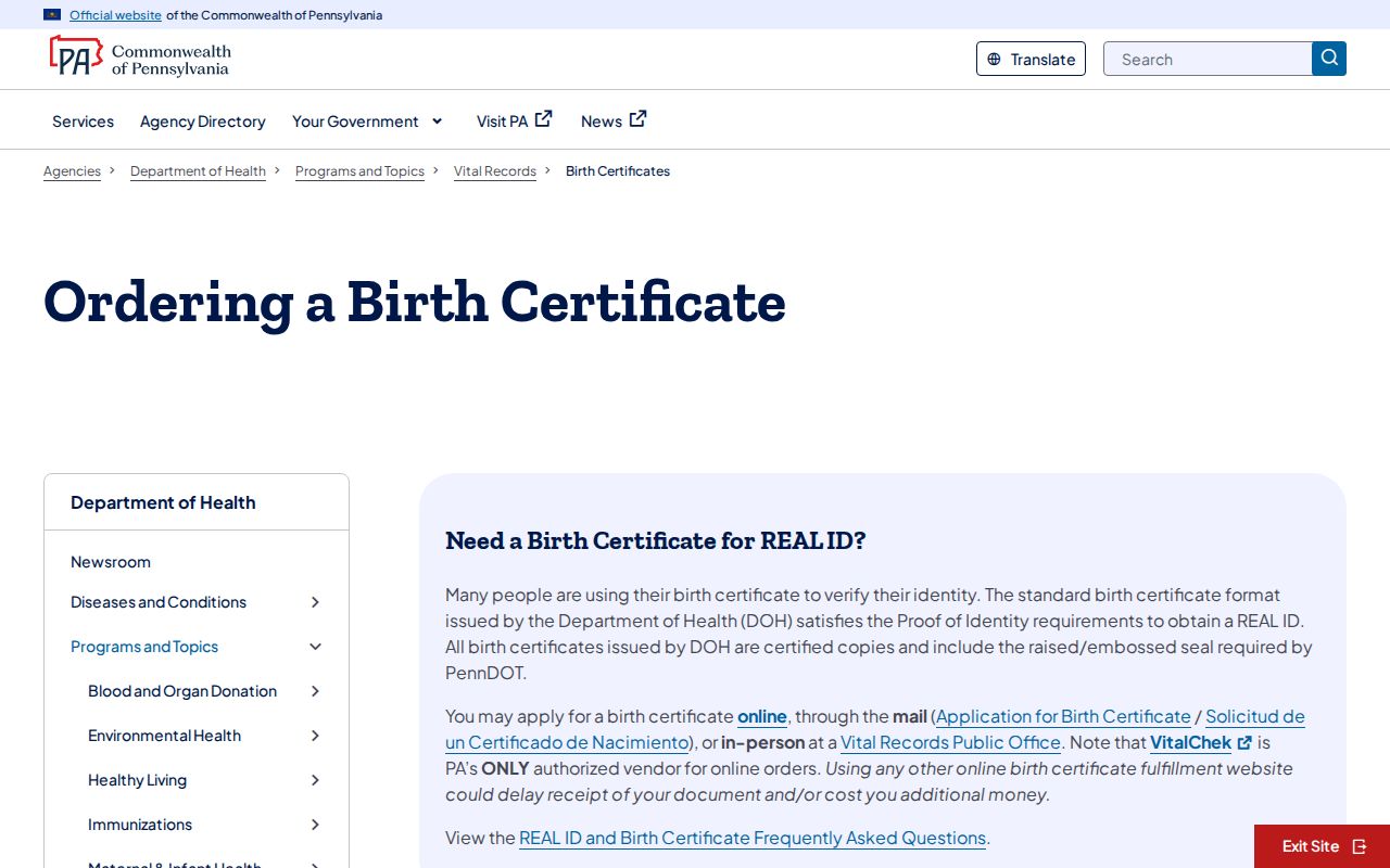 Pennsylvania resident lookup: birth certificate eligibility and ID instructions