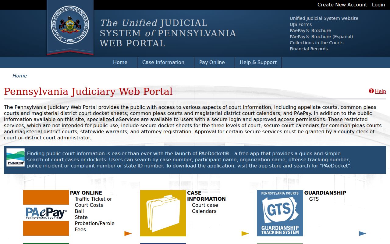 Pennsylvania resident lookup: public UJS docket search fields